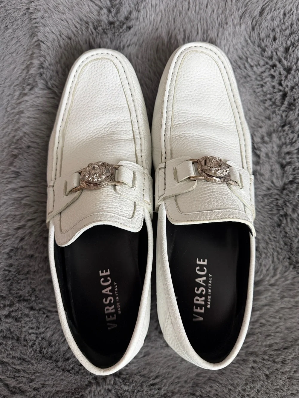 Versace Medusa White Pebbled Leather Slip-On Loafers Men’s US 10.5 EU 43.5
